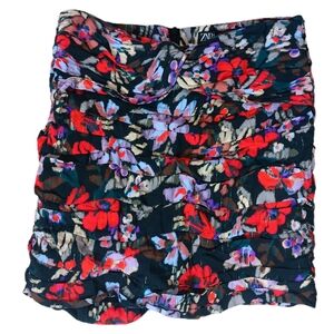 ZARA Skirt Womens XS‎ Colorful Floral Print Lined Ruffle Ruched High Waist Mini